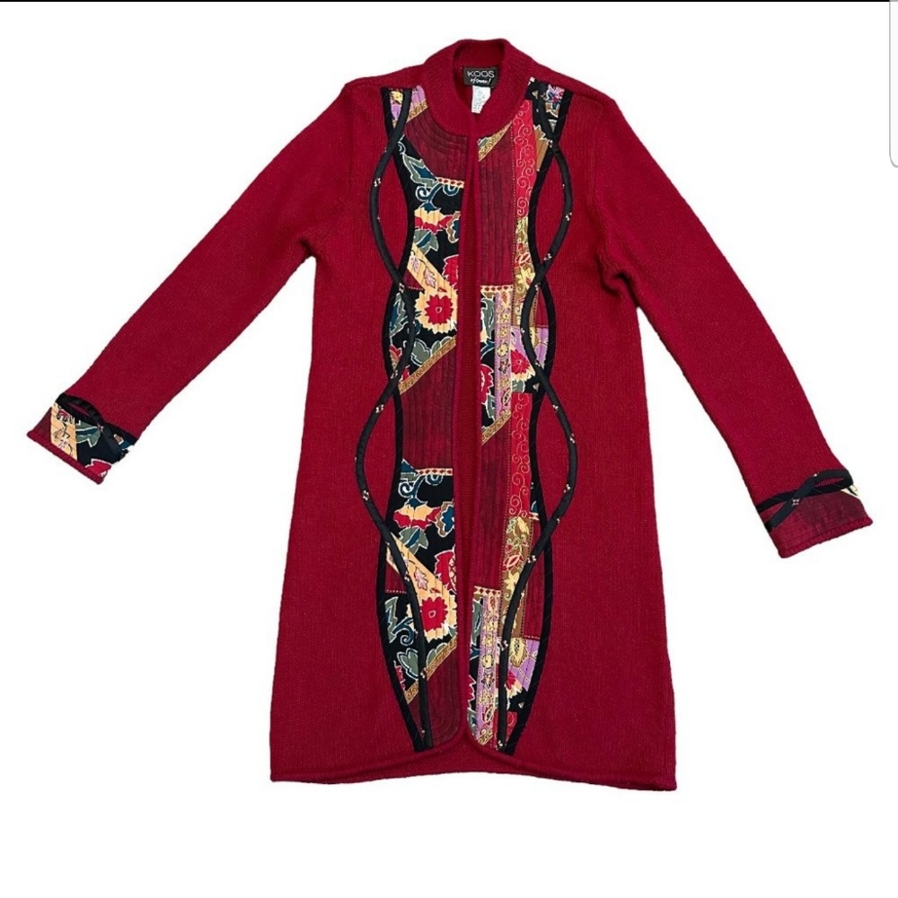 Koos of Course! Red Wool Silk Blend Open-Front Sweater Applique Sz Medium Women